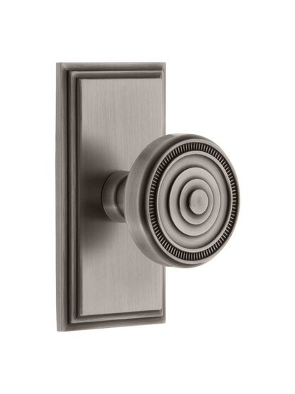 Grandeur Carre Rosette Door Set with Soleil Knobs in Antique Pewter.